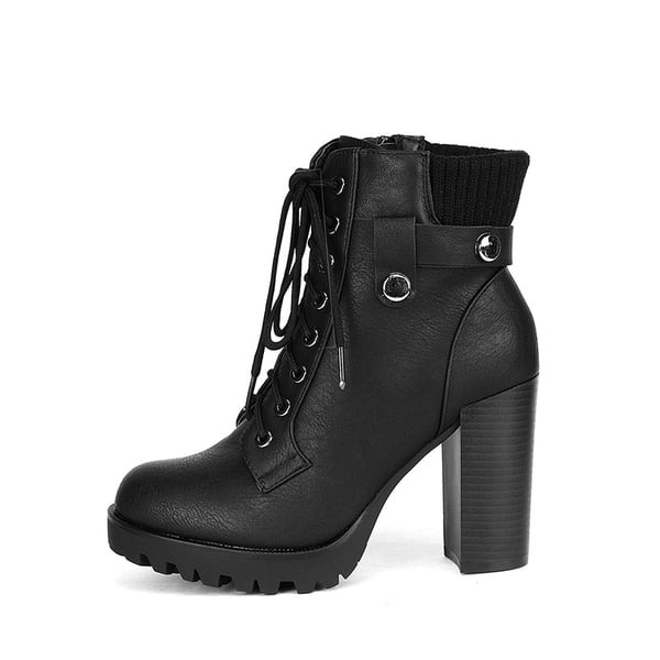 Chunky Round-Toe High Heel Ankle Boots - BLACK - 2